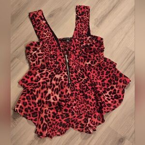 Haute Monde Red and Black Leopard Ruffle Zip-Front Camisole